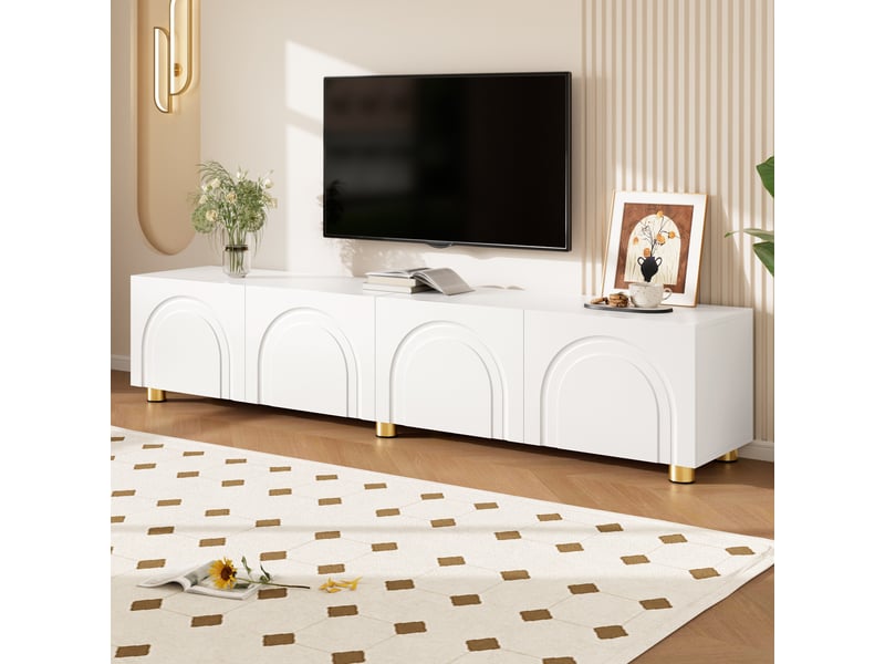  Meuble tv 180x35x40 cm - meuble bas avec 4 portes, façades à relief arqué, rangement pour salon et pieds en métal  - Conforama D