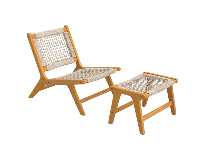  Fauteuil jardin avec repose-pieds, ensemble 2 pièces, bois acacia certifié fsc, assise rotin, style bohème, pieds réglables.  - Conforama A