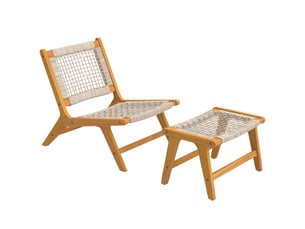 Fauteuil jardin avec repose-pieds, ensemble 2 pièces, bois acacia certifié fsc, assise rotin, style bohème, pieds réglables.