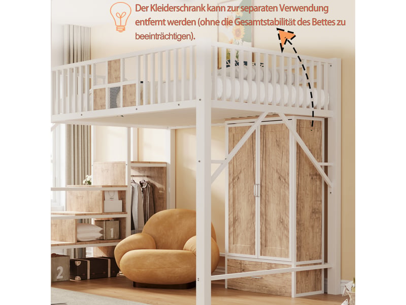  Lit mezzanine 140 × 200 cm en métal et bois, coloris blanc, placard intégré, tiroirs et échelle de rangement.  - Conforama E