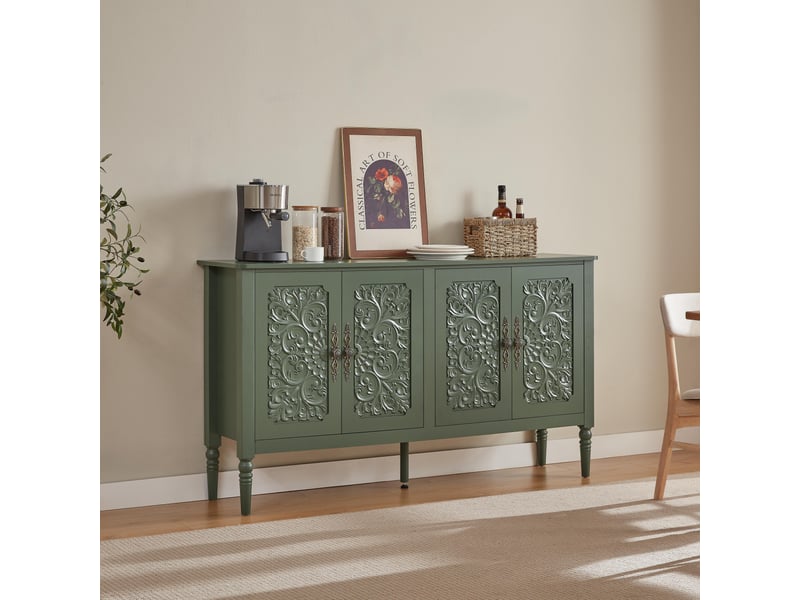  Buffet vintage 160x40x89 cm avec portes à relief sculpté 3d,angles arrondis,pieds tournés,poignées effet laiton,vert vintage  - Conforama B