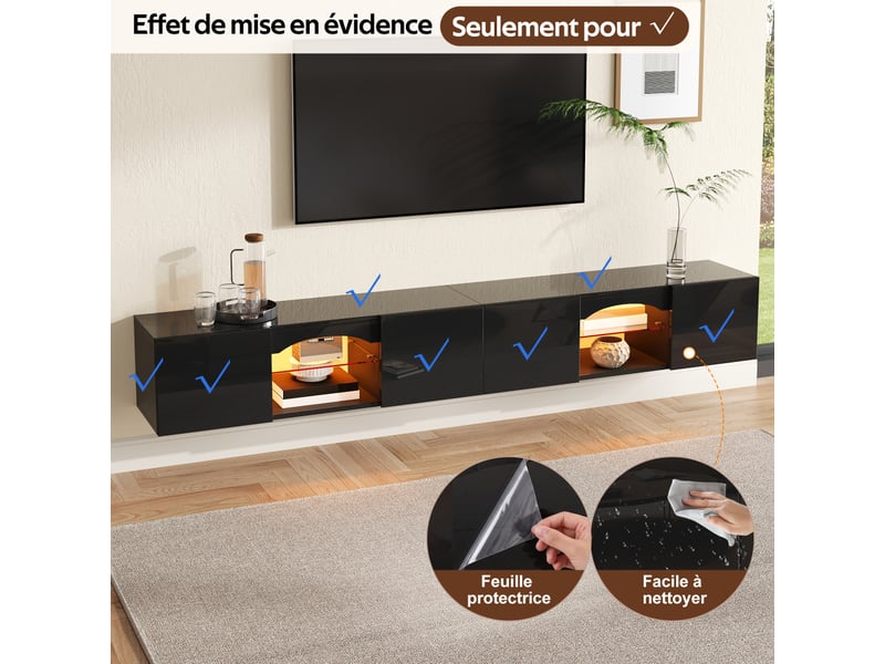  Meuble tv 200 cm 4 portes 2 niches noir ou blanc tablettes en verre led via application salon  - Conforama D