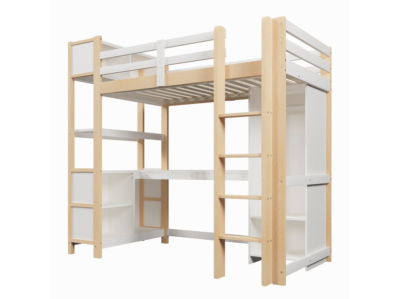 Lit mezzanine avec bureau, armoire, étagères et rangements, naturel, 90x200 cm - Conforama E