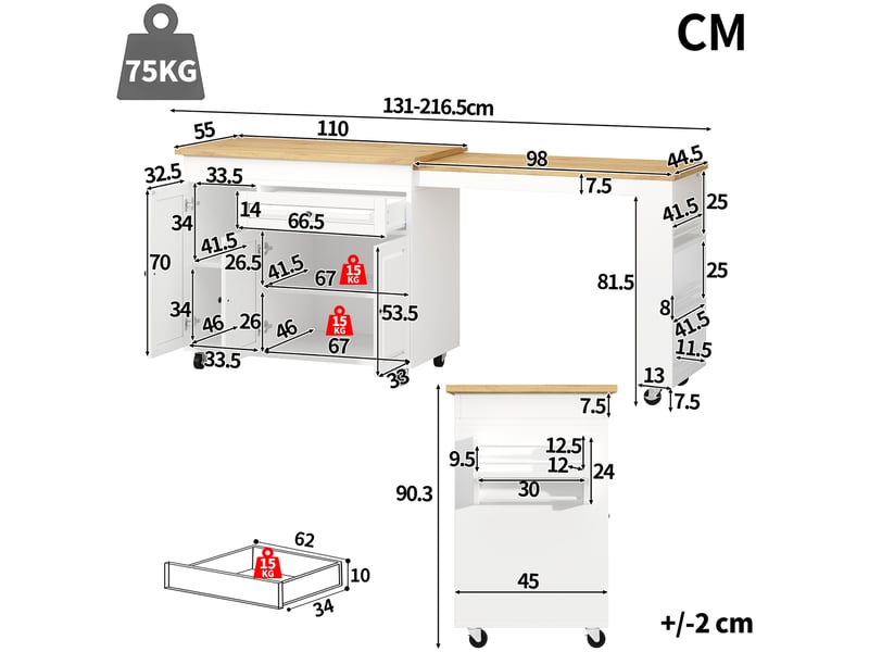  Îlot de cuisine extensible 131-216x55x90 cm avec tiroir, rangement caché et rangements latéraux, table repas - blanc  - Conforama C
