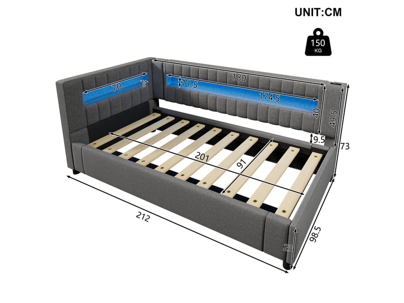  Lit coffre jeune, 90x200 cm, lit avec rangement, lit de jour avec éclairage led, connectique usb c, lin, coloris gris  - Conforama C