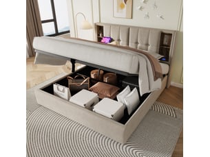 Lit coffre 2 places 180x200 cm, sans matelas, bois naturel, espace de rangement, type-c, usb, doté de recharge sans fil