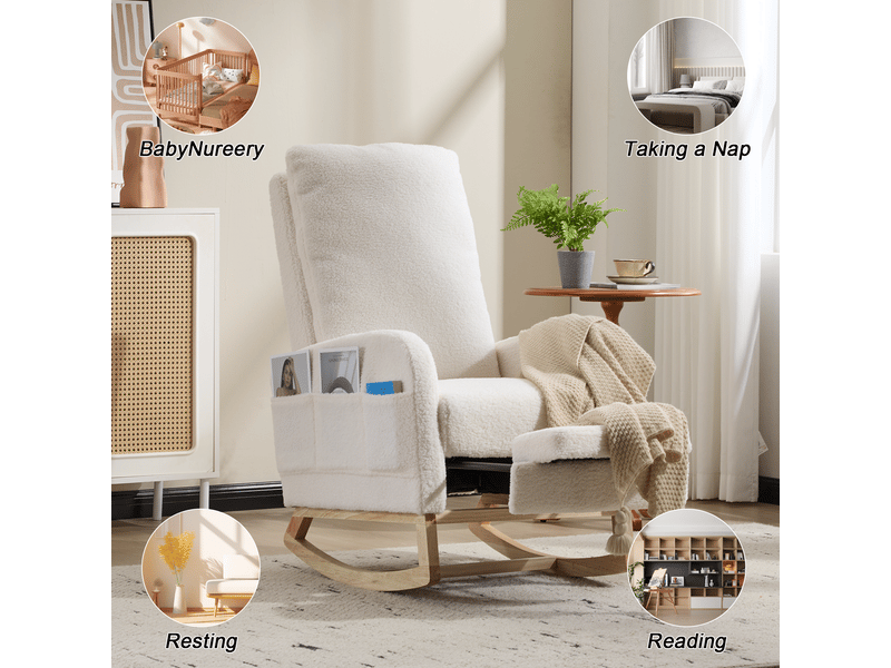 Fauteuil à bascule ergonomique en polaire douce et confortable, avec dossier haut, base en bois incurvée, blanc, réf. T6011p603666 - Conforama W