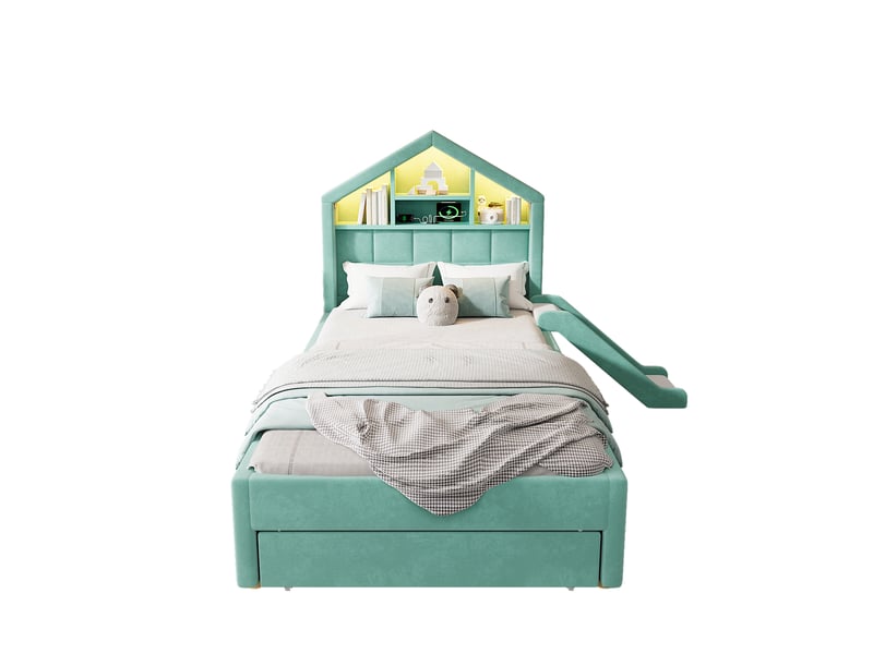 Lit cabane enfant 90x200 cm en velours bleu-vert avec toboggan, tiroir et led - Conforama A