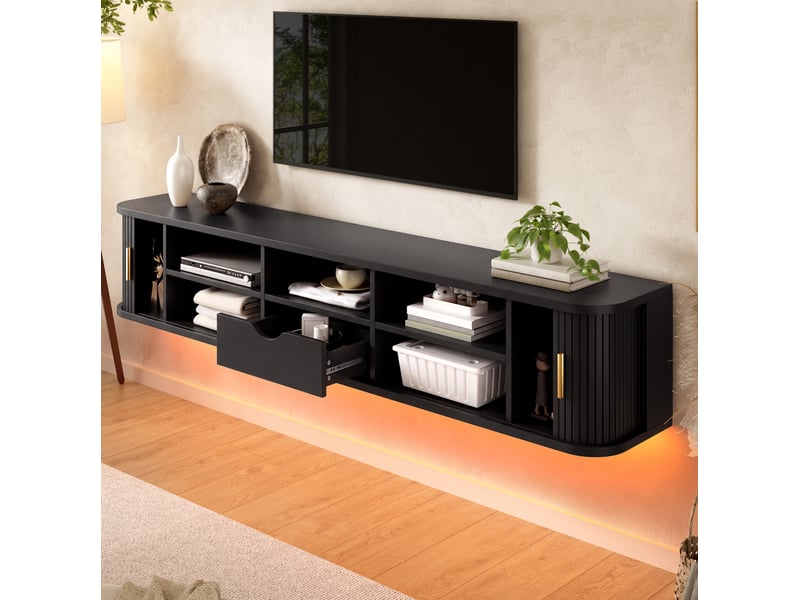  Meuble tv mural 175x30x30 cm avec led et portes coulissantes, noir  - Conforama W