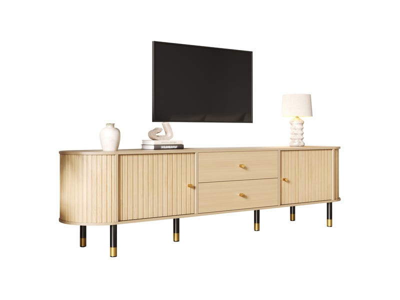  Meuble tv avec 2 tiroirs, 2 portes coulissantes et passe-câbles, pour salon, finition bois naturel, 180 × 40 × 58 cm  - Conforama A