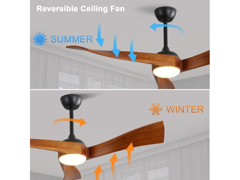  Ventilateur de plafond avec lumière 132x132x42 cm, 6 vitesses, télécommande, moteur cc, métal et bois, noir  - Conforama E