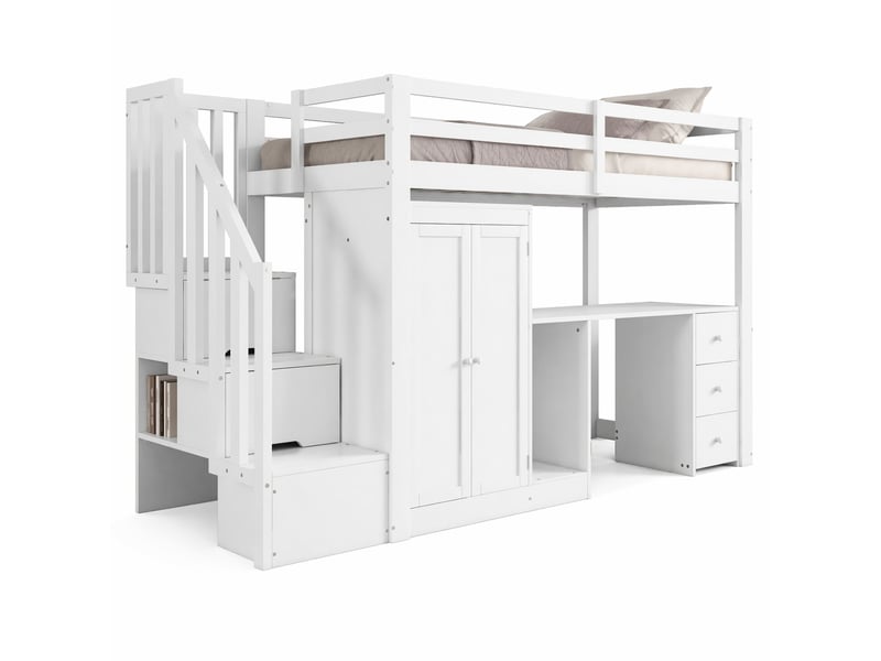  Lit mezzanine 90 x 200 cm avec sommier, bureau, armoire, escalier et tiroirs blanc  - Conforama A