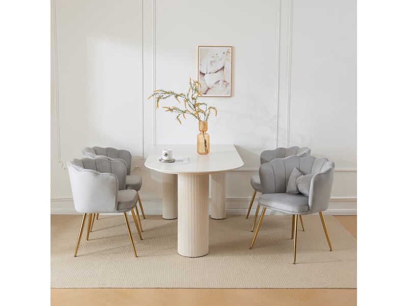  Lot de 4 chaises 63x58x77 cm, dossier pétale, coussin papillon, pieds métal doré, velours gris  - Conforama D