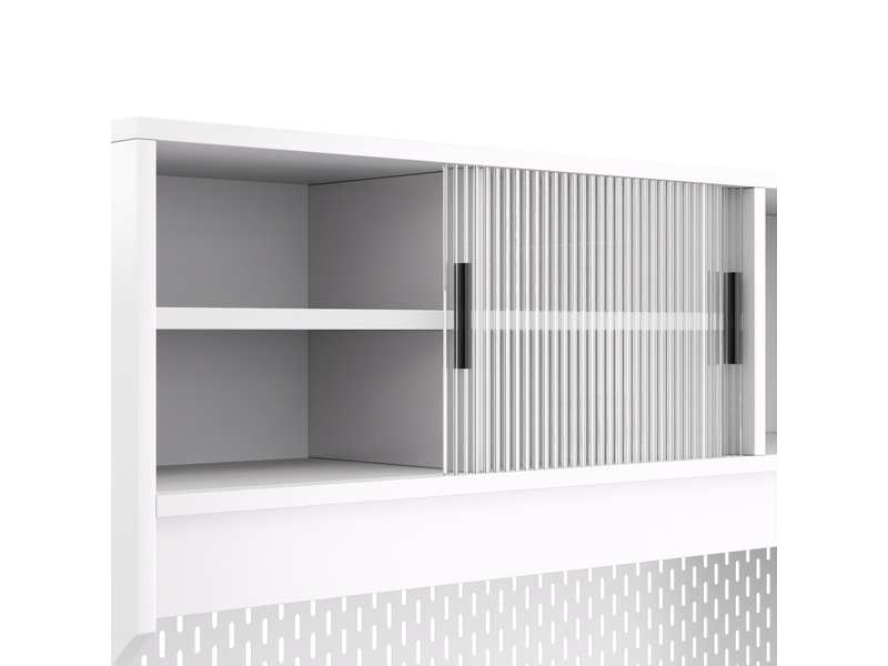  Buffet de cuisine en mdf et panneaux de particules, portes coulissantes en verre rainuré, tiroirs, niches ouvertes, pieds en pin  - Conforama E