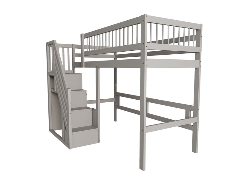  Lit mezzanine 90x200 lit enfant en bois massif avec escalier de rangement, lit ado gris surélevé, cadre robuste et sécurisé  - Conforama C