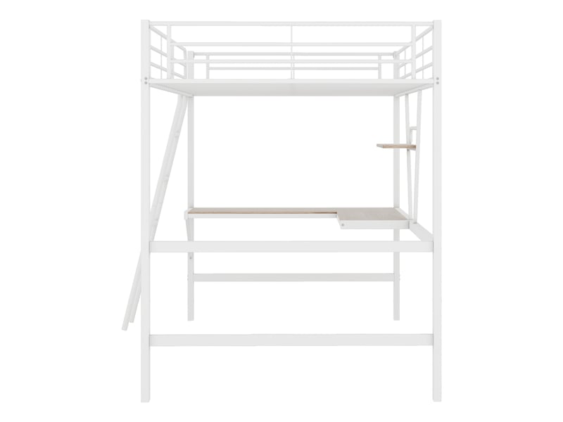  Lit mezzanine 200×90 cm avec bureau en l, étagère, garde-corps et échelle, sans matelas, en métal blanc  - Conforama E