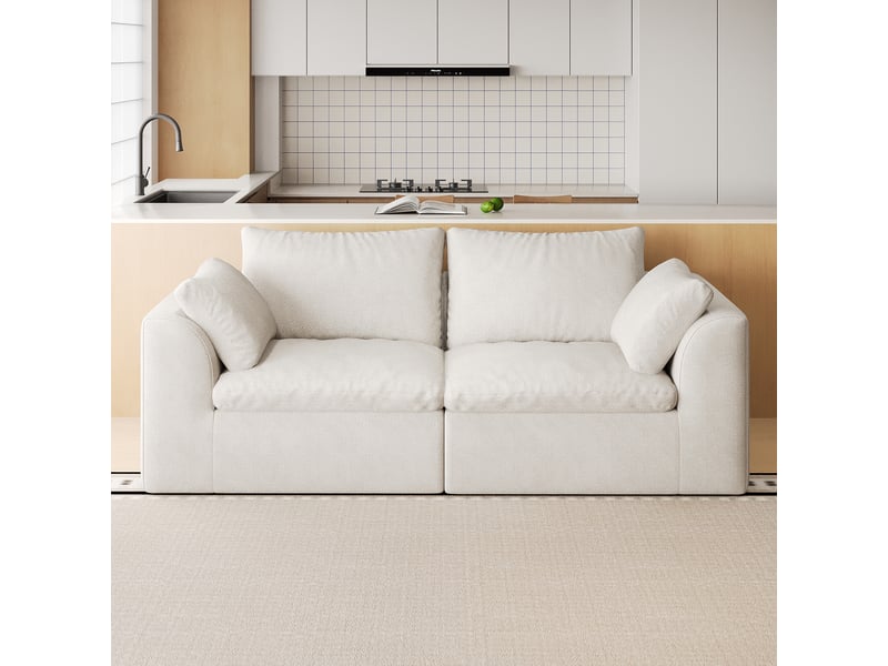  Canapé droit 2 places en tissu lin beige et blanc, 180 cm, mousse compressée IKSETERA TRADING LTD - Conforama B