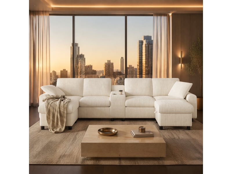  Canapé en u modenvie 4 places en velours côtelé beige 315 x 135 cm avec rangements et ports usb  - Conforama D