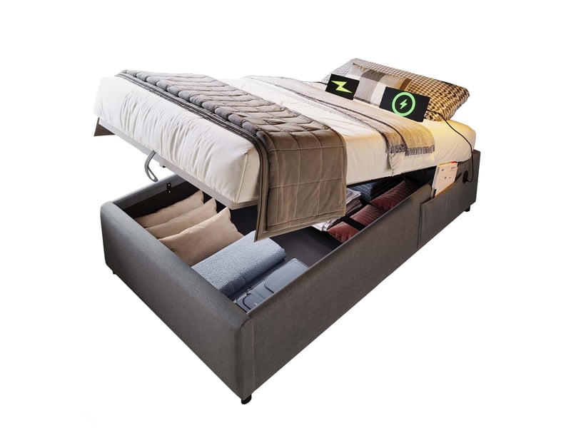  Lit 1 place avec rangement hydraulique 90 x 200 cm, gris, sans tête de lit, usb et type-c  - Conforama B