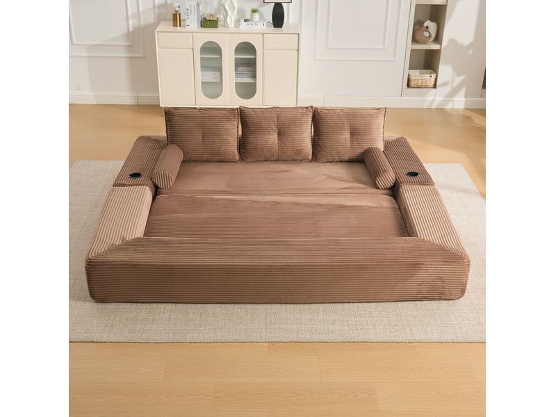  Canapé convertible 3 places en velours côtelé marron avec porte-gobelet  - Conforama D