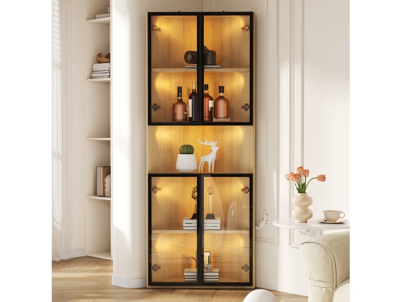  Vitrine d'angle led 62x32x160 cm, chêne, mdf et verre trempé, avec éclairage intégré, rangement collection  - Conforama B