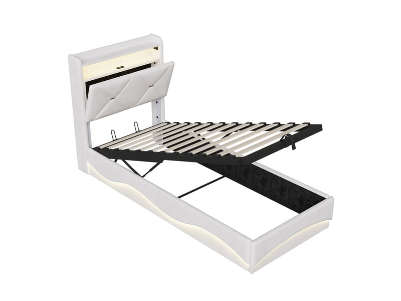 Lit coffre 90 x 200 cm - coffre hydraulique, éclairage led d'ambiance et port usb sur tête de lit - finition velours beige - Conforama R