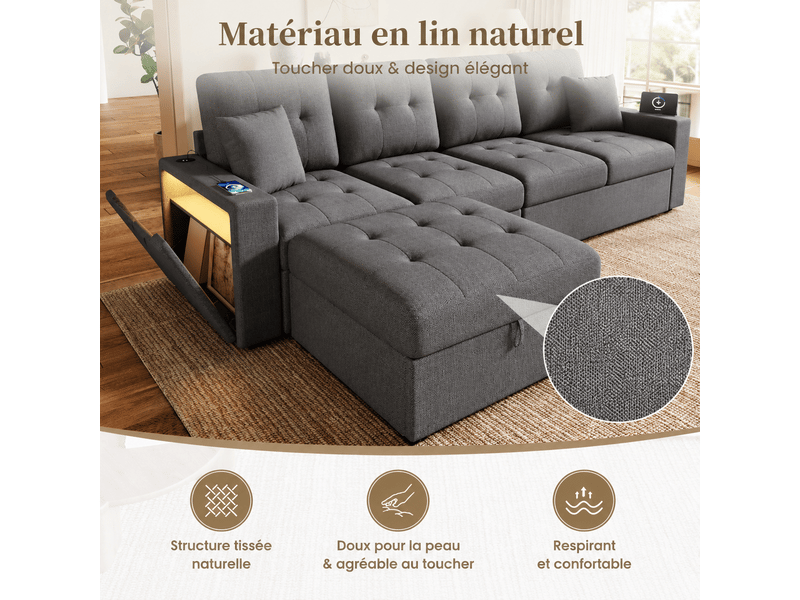  Canapé d'angle modulable 4 places 253x144.5cm avec coffre de rangement, led et usb type-c, tissu lin, gris antique OMNIGLINT TRADING LTD - Conforama E