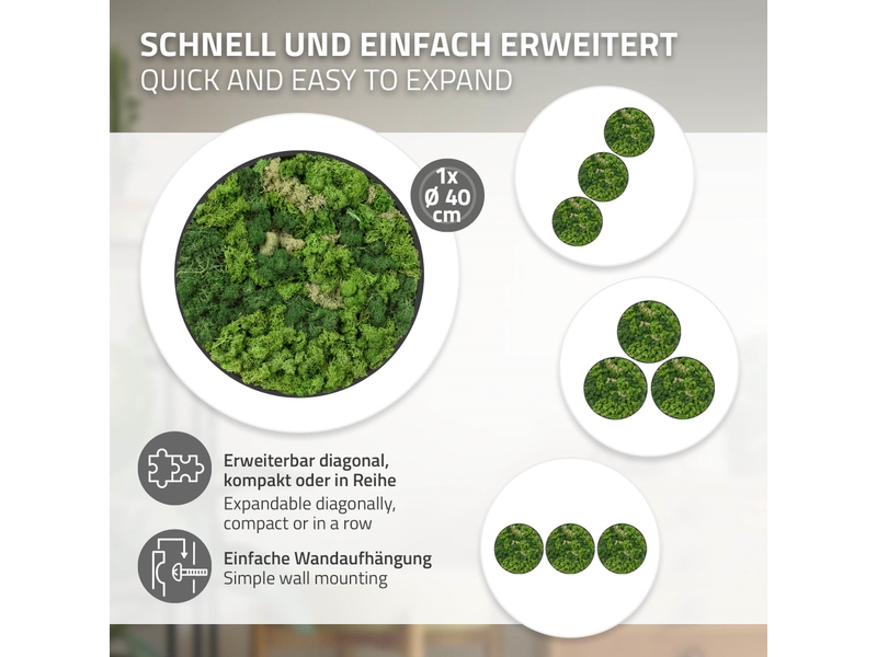 Ecd germany tableau en mousse de renne stabilisée véritable, forme ronde ø 40 cm, vert, décoration murale végétale d'intérieur, cadre en mdf, sans arrosage ni entretien, effet 3d, pièce unique ECD Germany GmbH - Conforama D