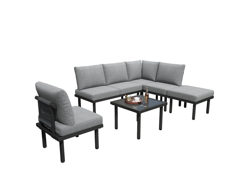 Salon de jardin 6 places en corde grise, table basse verre, acier galvanisé - Conforama A