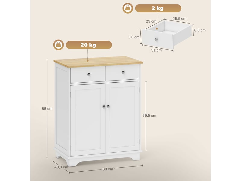  Meuble de rangement buffet salon avec placards à portes, 2 tiroirs et étagère réglable, armoire de rangement pour salon, cuisine, chambre, blanc et bois naturel  - Conforama E