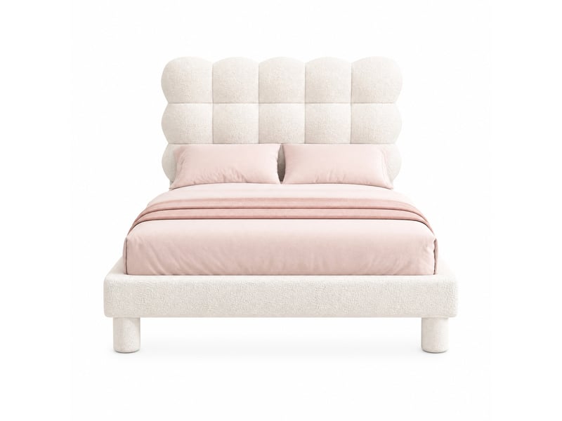  Lit simple rembourré 90x200 cm en peluche et mdf avec tête de lit réglable sur 3 positions, blanc, sans matelas  - Conforama A