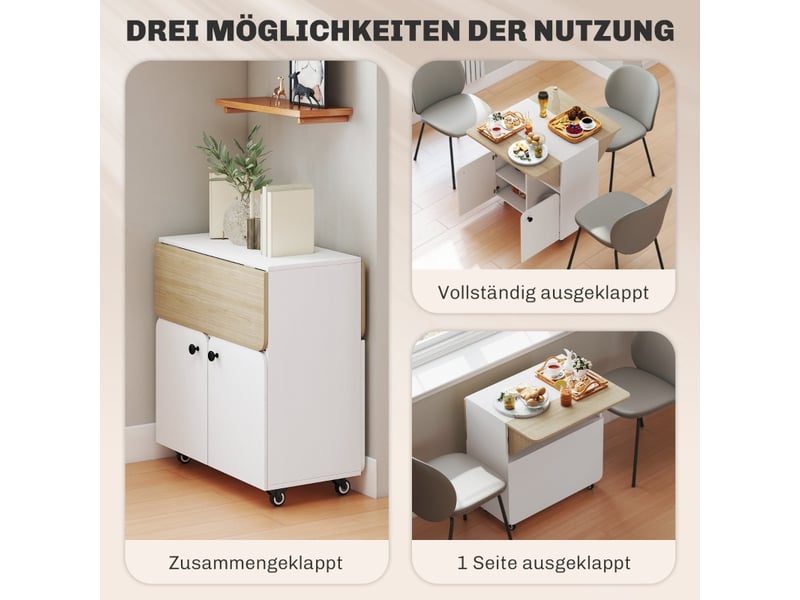  Table pliante extensible blanche et bois naturel 70x83x75 cm, 2 rallonges rabattables, rangement intégré et 4 roulettes  - Conforama C