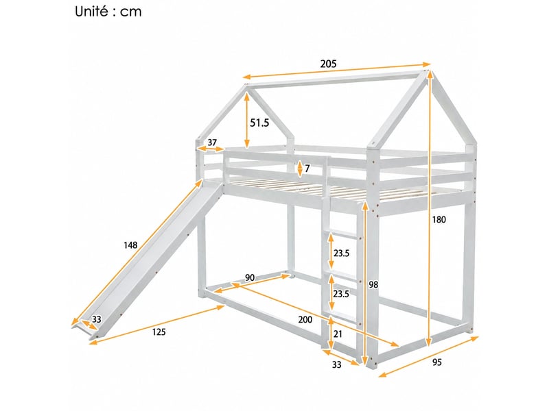  Lit superposé enfant avec toboggan, cabane blanche en pin et mdf, couchage 90 x 200 cm  - Conforama C
