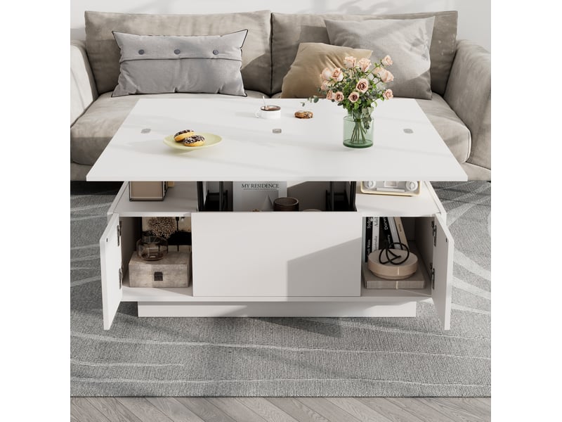  Table basse 100x50x55cm, table de salon avec levage double, espace de rangement caché, 2 portes, aggloméré, blanc  - Conforama B