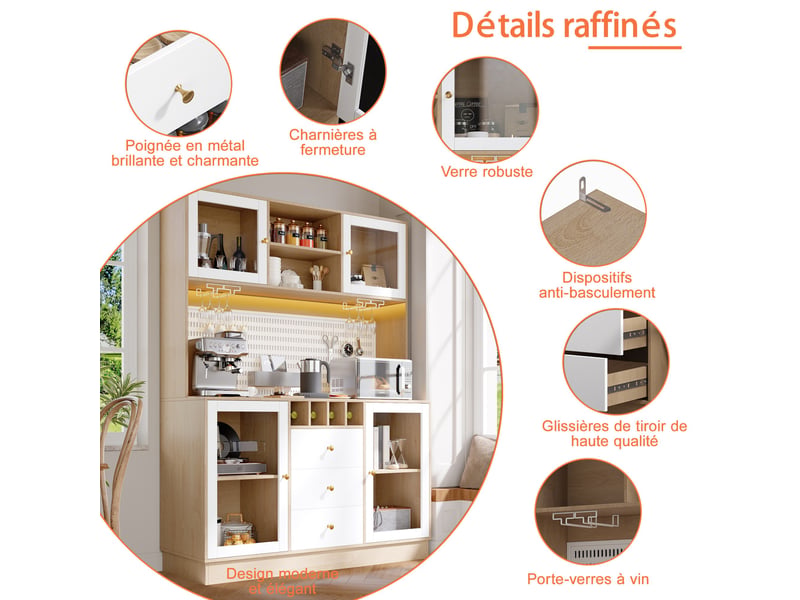 Buffet de cuisine blanc- 140x40x185.7cm - éclairage led ,3 tiroirs, porte-bouteilles & crochets - meuble bar à café - Conforama D