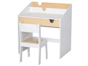 Bureau enfant avec chaise pour les 3-6 ans, avec tiroir et étagère, 70 x 50 x 75 cm, blanc et naturel