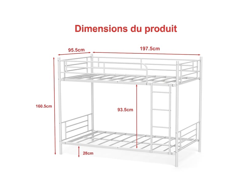  Lit superposé 90x190 métal blanc avec échelle et barrière de sécurité anti-chute  - Conforama C