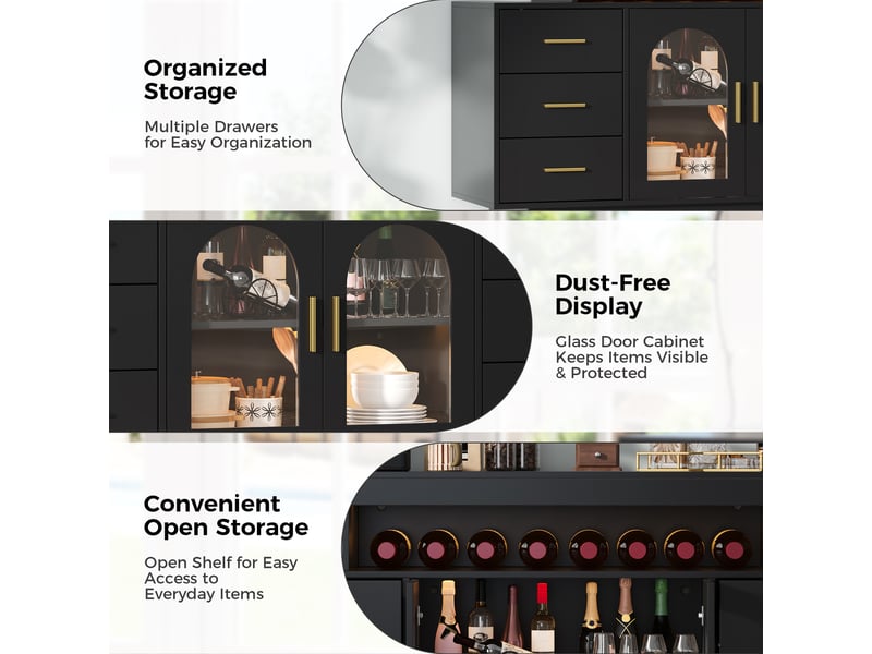  Buffet bar 140x40x82 cm noir en mdf, led, 6 tiroirs, 2 portes vitrées et rangement pour verres  - Conforama D