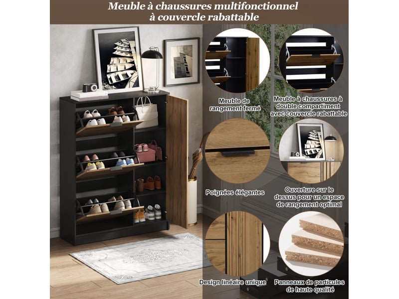  Meuble à chaussures 100x30x130 cm, 4 portes avec rangement, grande capacité, 20 paires, mdf, couleur naturel, design  - Conforama D