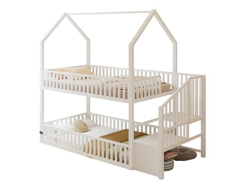 Lit cabane superposé enfant 90x200cm blanc, escalier avec rangements, petite porte ouvrante en bas et garde-corps, structure métallique, gain de place - Conforama A