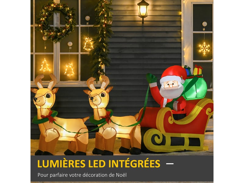  Père noël gonflable led dim. 240l x 57l x 112h cm avec traîneau, rennes, hotte 6 led polyester imperméable  - Conforama D