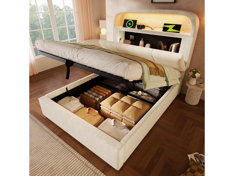  Lit simple capitonné 90x200 cm,lit coffre hydraulique,tête de lit réglable avec led,ports usb et type-c,velours,beige  - Conforama B