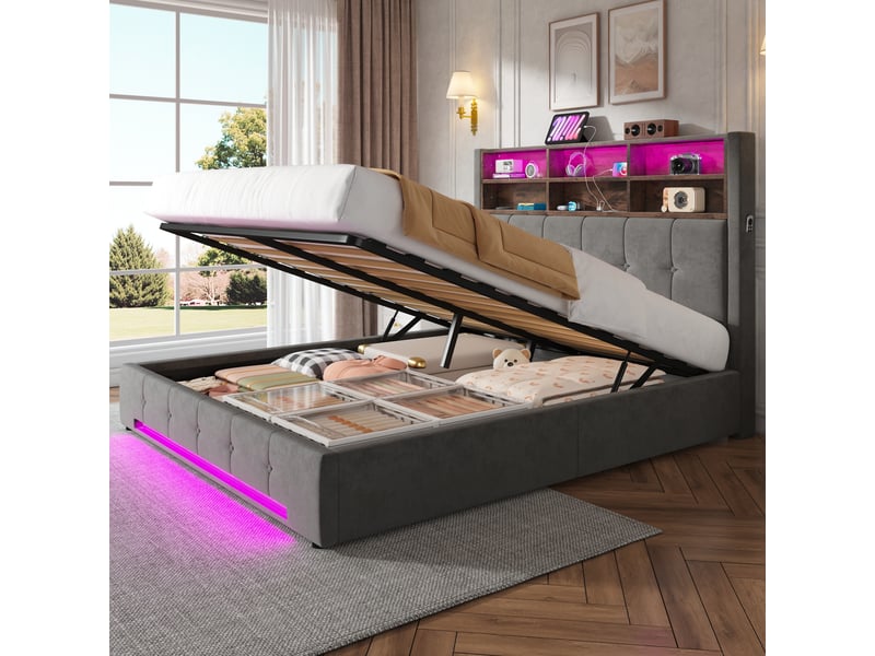  Lit coffre 160x200 cm, lit double, rangement hydraulique, led, velours gris foncé, usb et usb-c  - Conforama C