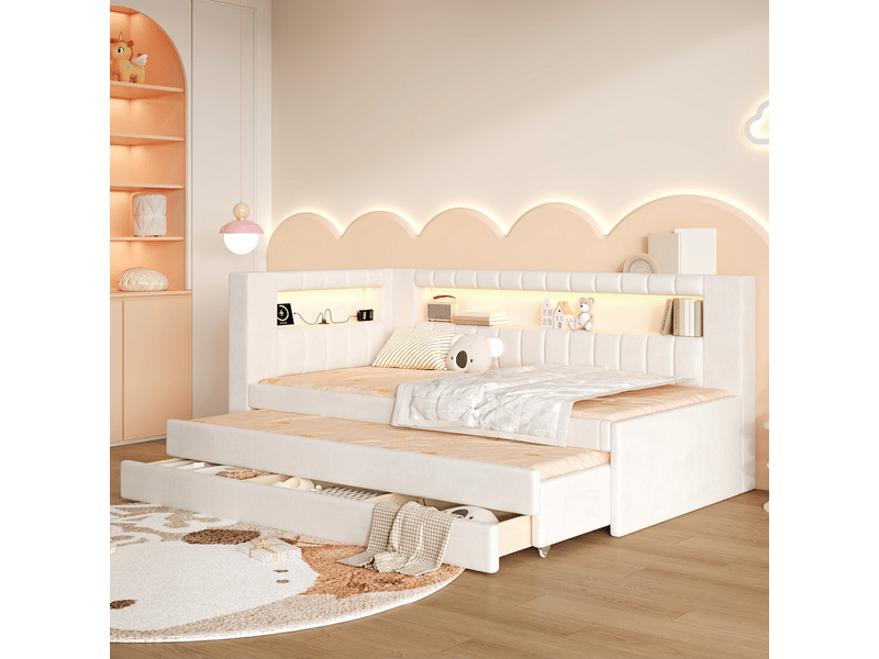  Lit banquette 90x200 capitonné avec ports usb, éclairage led, lit gigogne avec 3 tiroirs, blanc  - Conforama B