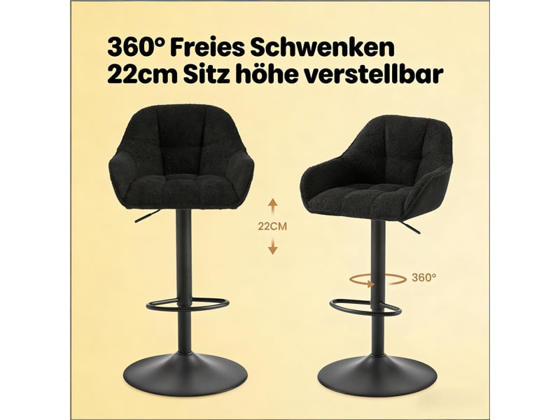  Tabouret de bar pivotant réglable en hauteur avec dossier, lot de 2, en chenille et noir  - Conforama E