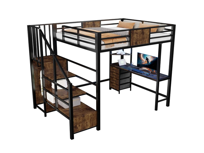  Lit mezzanine 140x200 cm en métal – noir – bureau, rangements, penderie, éclairage led et prise intégrés  - Conforama A
