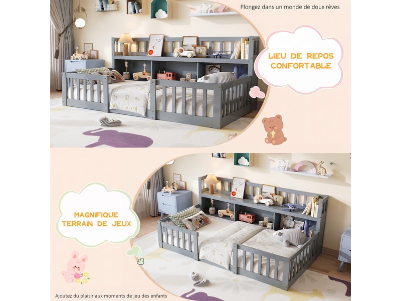  Lit enfant 90x200 cm avec rangements et bibliothèque,lit au sol avec barrières de sécurité,lit simple,pin massif, gris  - Conforama W