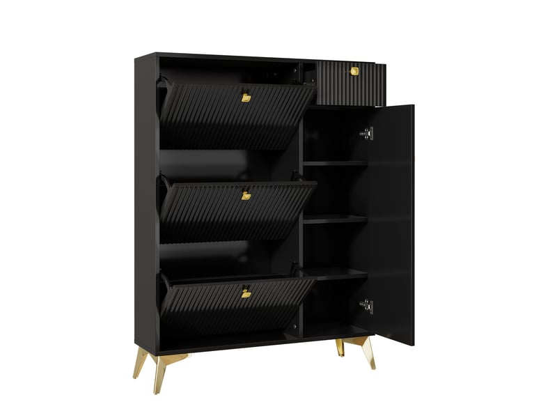  Meuble à chaussures 90x25x121 cm avec 4 portes et 1 tiroir, étagères, meuble d'entrée, pieds en métal, aggloméré et mdf, noir  - Conforama D