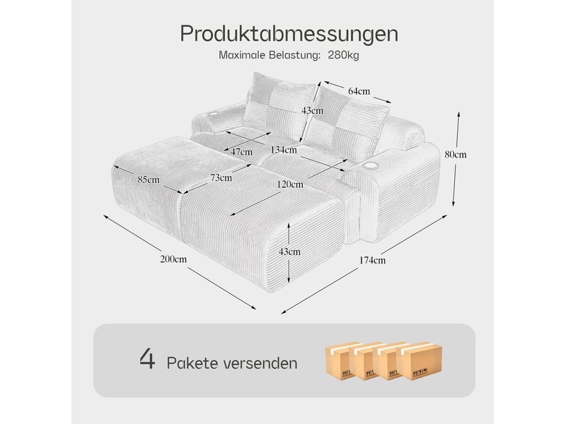  Canapé modulable 2 places avec 2 tabourets, librement combinable, incluant support à boissons et poche latérale de rangement, idéal salon, salle de séjour et autres pièces. Gris foncé  - Conforama E