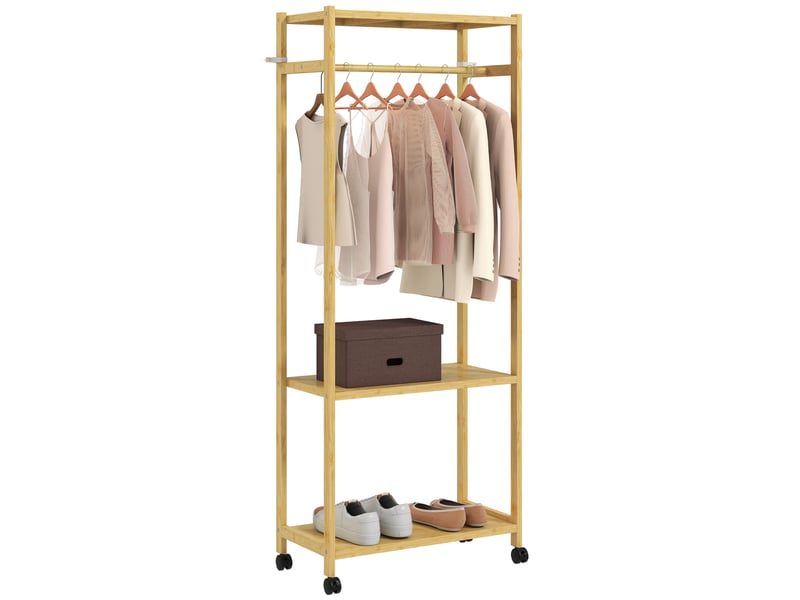  Portant à vêtements à roulettes en bambou avec 2 étagères 70x35x175 cm  - Conforama A